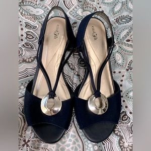 Navy wedge sandals with sling back strap and silver accents size 9
